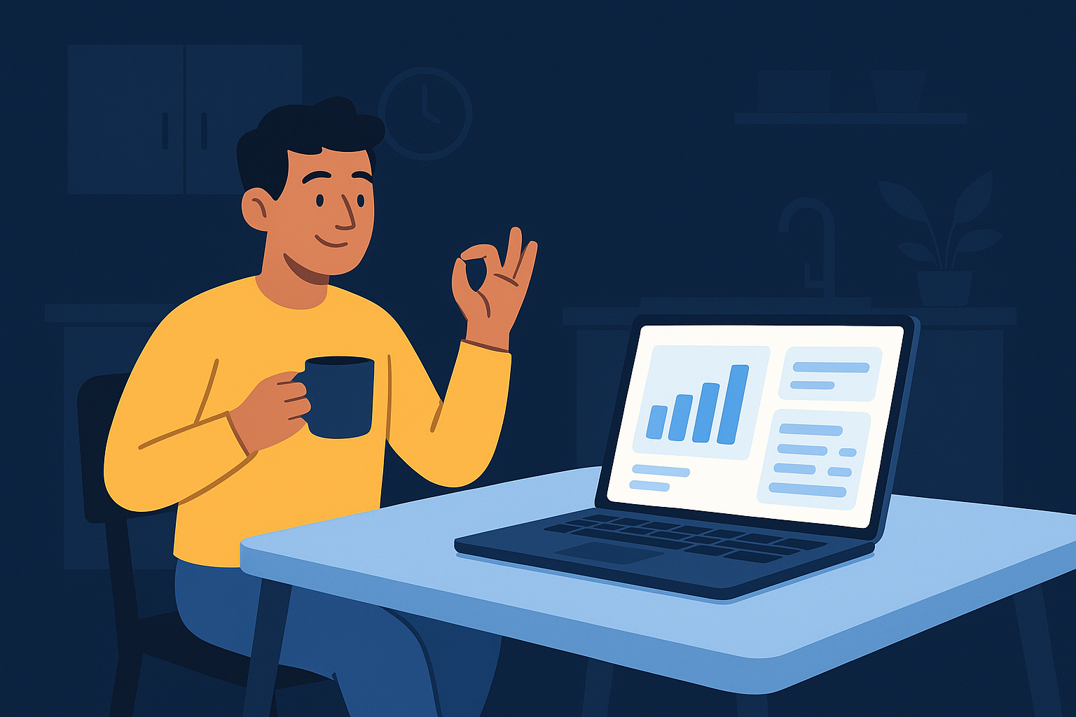 Illustration einer Person mit übersichtlichem Finanz-Dashboard